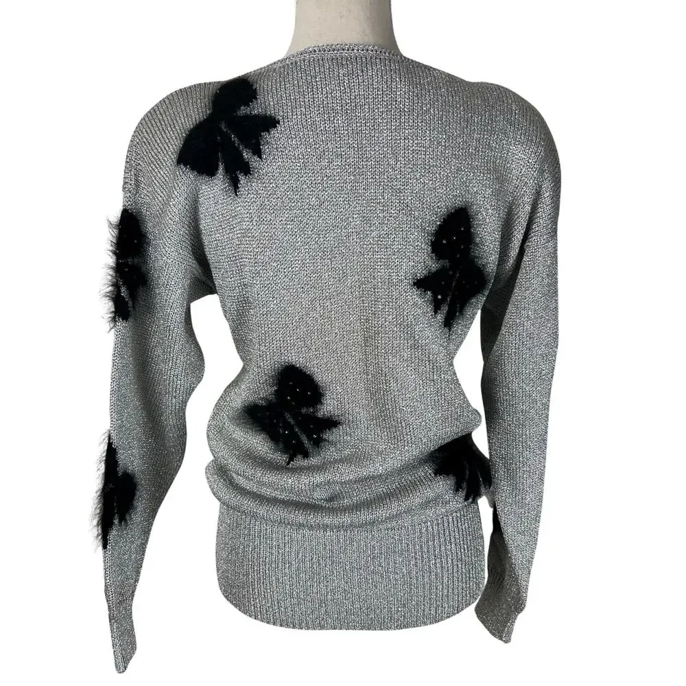 Vintage Smith St. John Metallic Lurex Holiday Sweater Bow Pearl Glam M - Picture 3 of 10